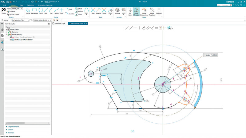 NX Sketch permette di disegnare senza parametri predefiniti, intento progettuale e relazioni.