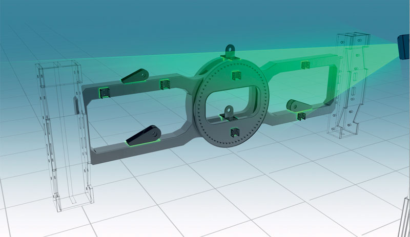 Utilizza le informazioni CAD 3D per proiettare immagini laser 3D su una superficie fisica e fornisce un template virtuale live.