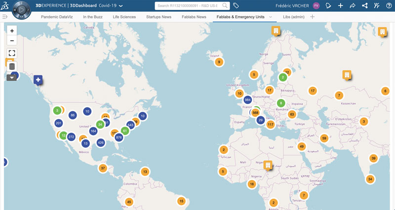 Per connettere persone, progetti e produzione, la piattaforma 3DEXPERIENCE fornisce una mappa globale di ospedali, fabbriche e “Fab Lab” che collega persone e progetti alla produzione locale. (Foto: Copyright Dassault Systèmes).