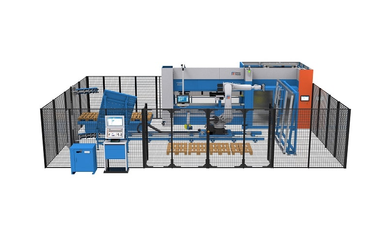 La cella robotizzata di piegatura Robotic Press Brake Bending Cell di Prima Power integra la pressa piegatrice servo-elettrica eP Genius 1030 con un robot antropomorfo a 7 assi, la soluzione di produzione flessibile PSBB che combina il sistema di punzonatura+cesioia Shear Genius® EVO e la pannellatrice Express Bender.